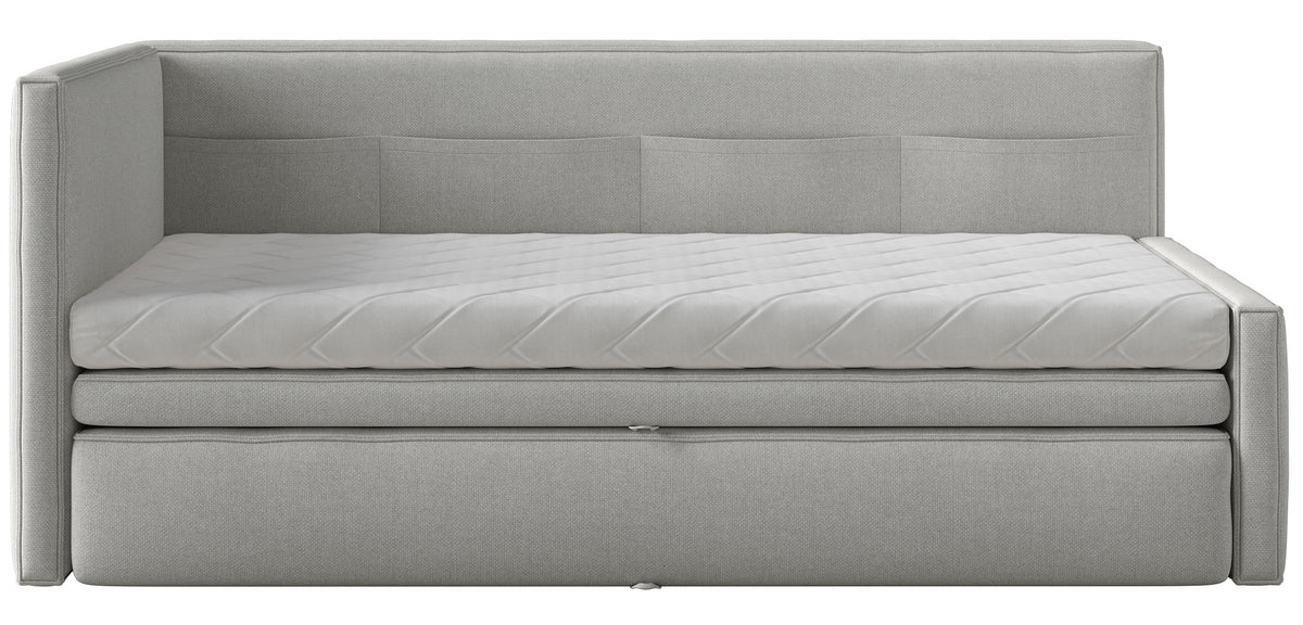 Jugendbett 90x200 cm Nesmi linksseitig mit Matratze und Stauraum hellgrauer, pflegeleichter Chenillestoff