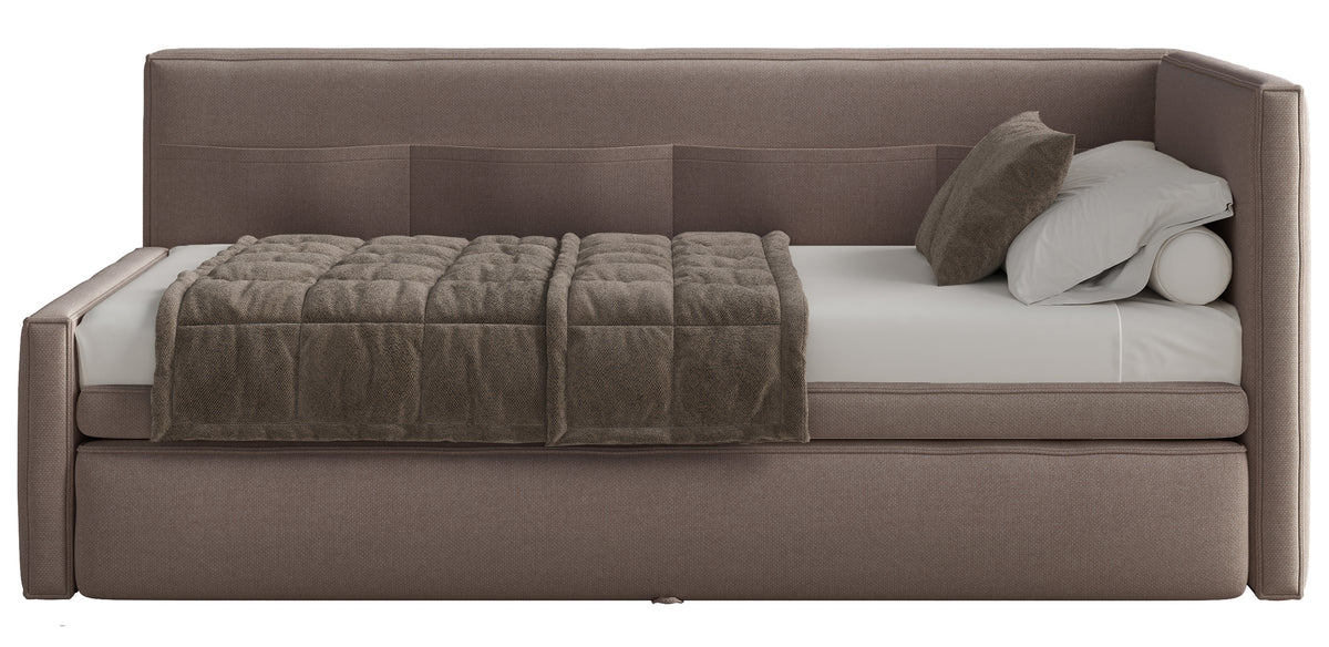 Lit simple jeunesse 90x200 cm Nesmi droit avec matelas et coffre, tissu chenille marron clair facile à nettoyer