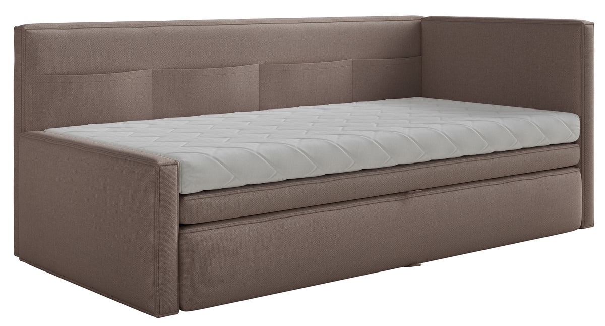 Lit simple jeunesse 90x200 cm Nesmi droit avec matelas et coffre, tissu chenille marron clair facile à nettoyer