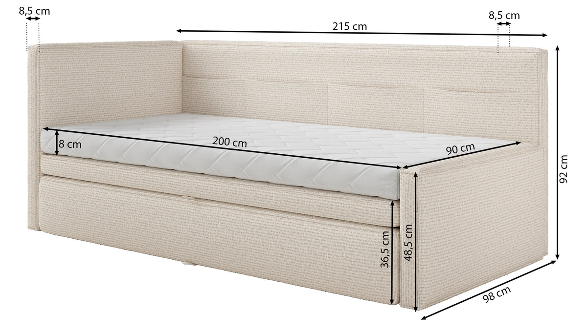 Jugendbett 90x200 cm Nesmi links mit Matratze und Stauraum hellbeige Flechtoptik