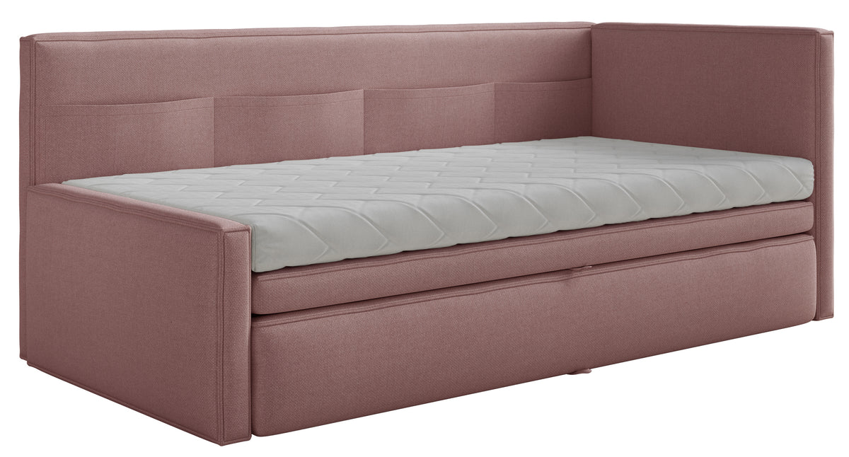 Lit gigogne 90x200 cm Nesmi droite avec matelas en chenille rose poudré facile à nettoyer