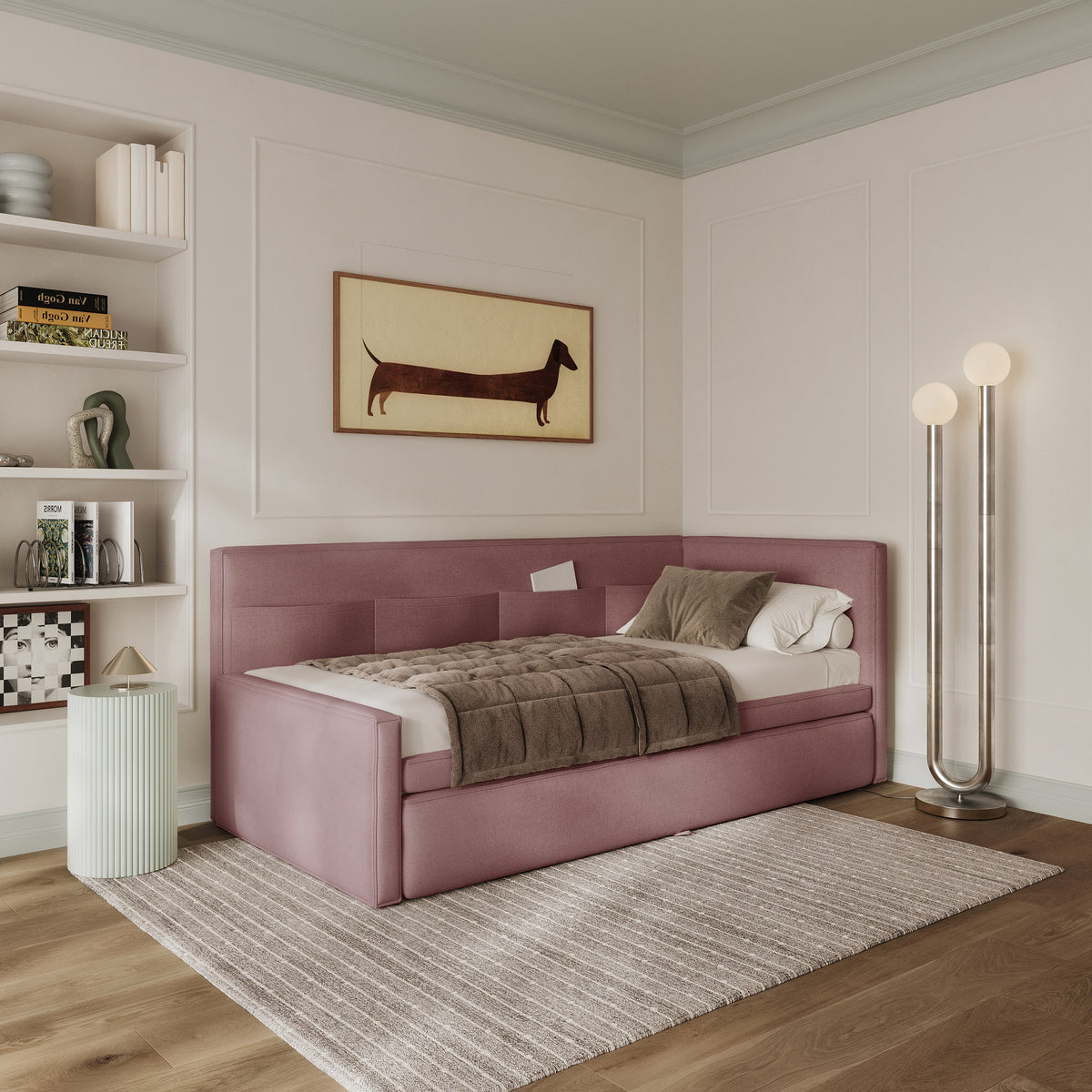 Lit gigogne 90x200 cm Nesmi droite avec matelas en chenille rose poudré facile à nettoyer