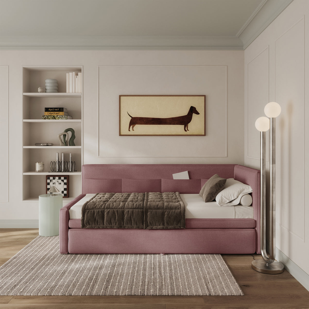 Lit gigogne 90x200 cm Nesmi droite avec matelas en chenille rose poudré facile à nettoyer