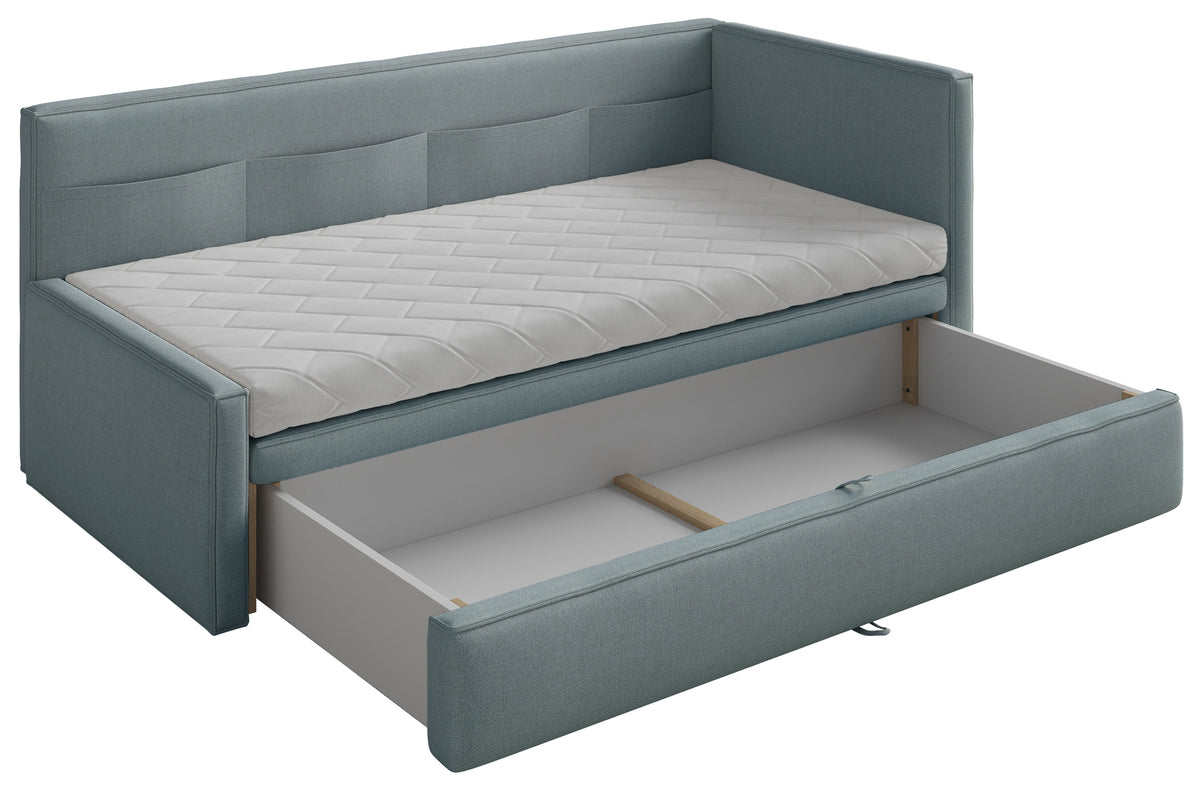 Lit junior 90x200 cm Nesmi droit avec rangement bleu chenille facile à nettoyer