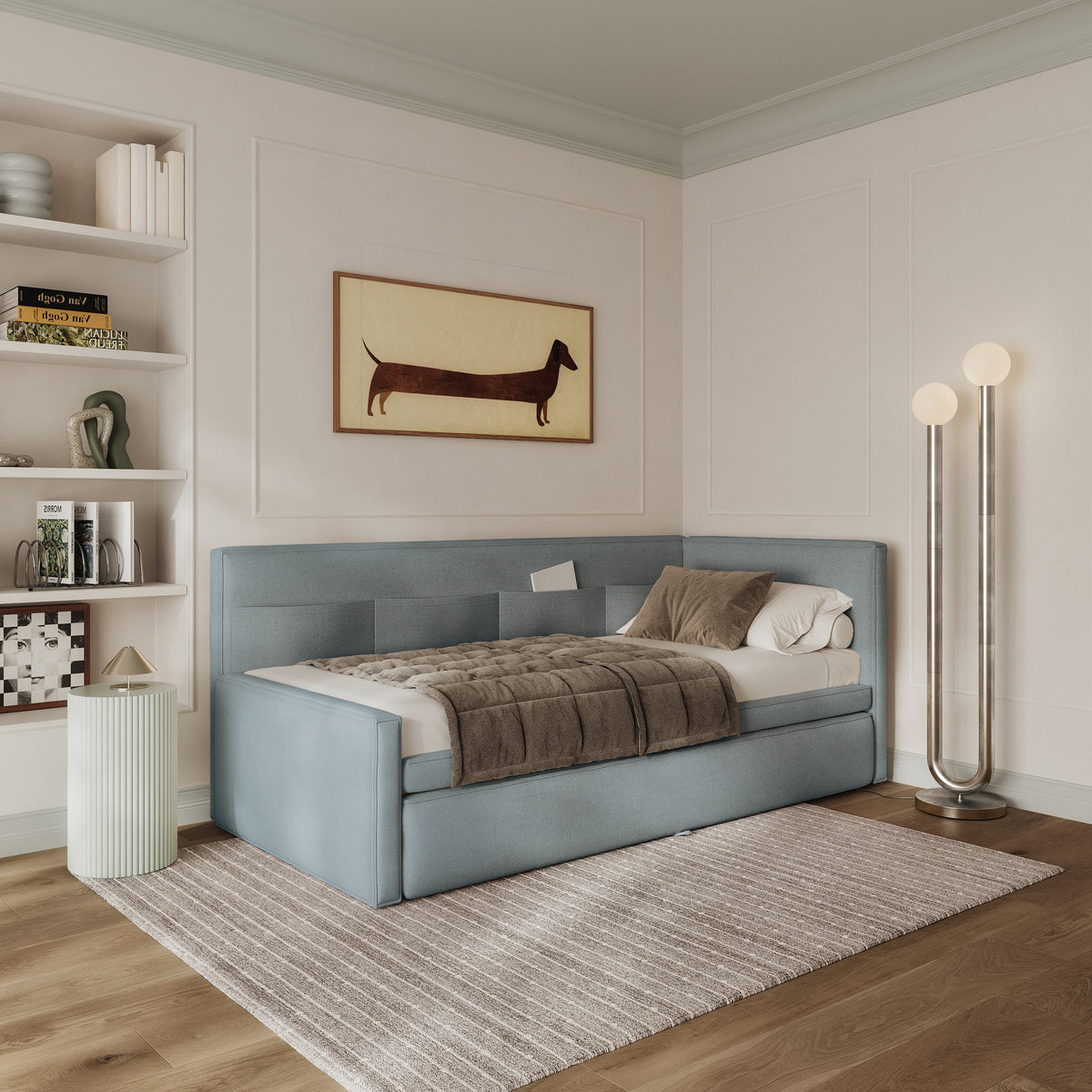 Lit junior 90x200 cm Nesmi droit avec rangement bleu chenille facile à nettoyer