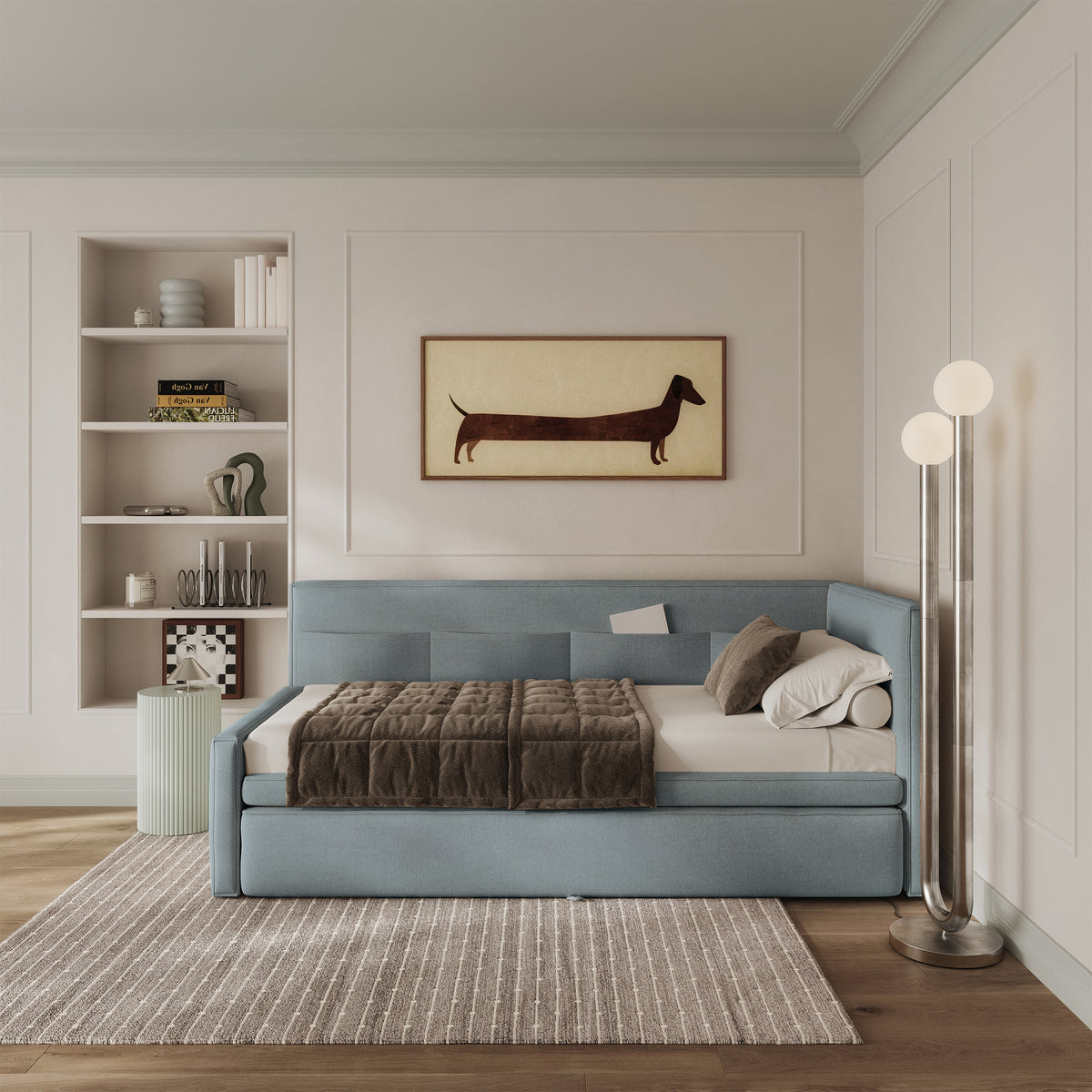 Lit junior 90x200 cm Nesmi droit avec rangement bleu chenille facile à nettoyer