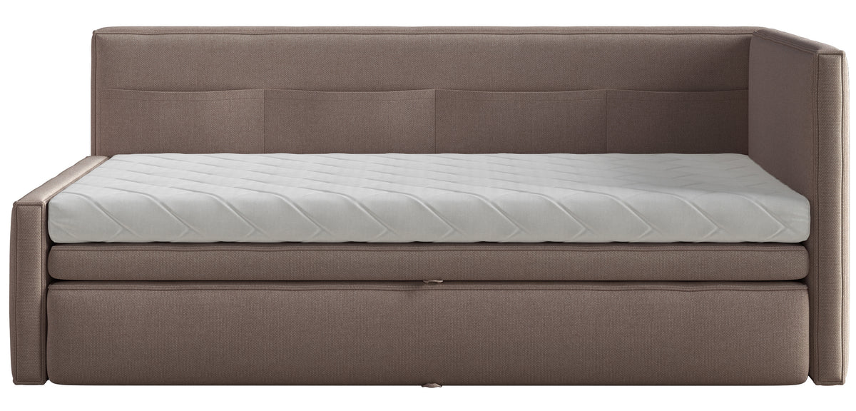 Lit simple jeunesse 90x200 cm Nesmi droit avec matelas et coffre, tissu chenille marron clair facile à nettoyer