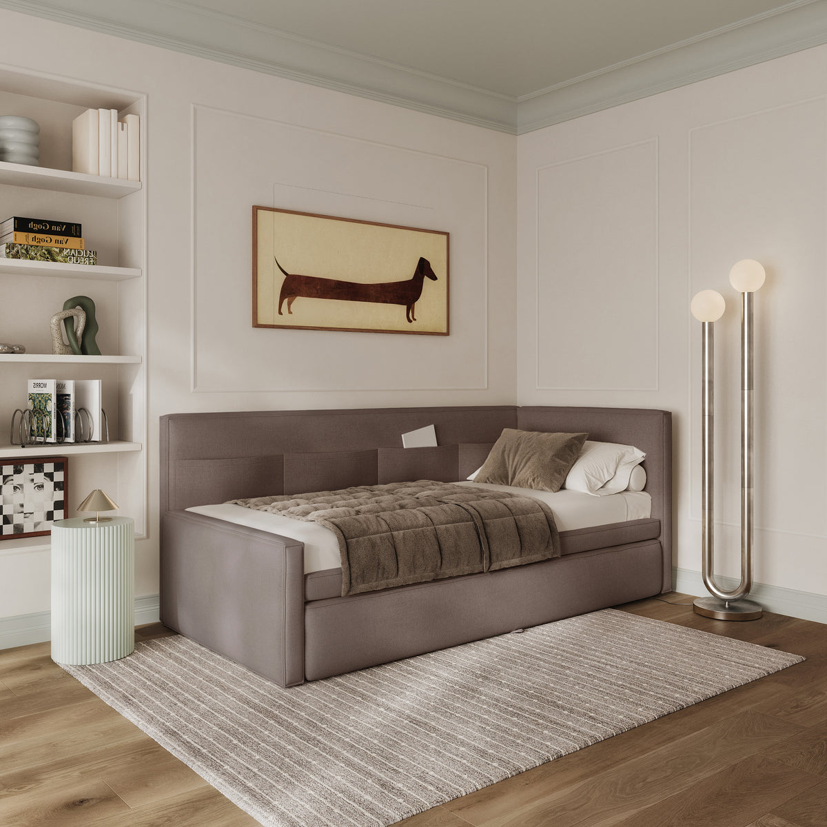 Jugendbett 90x200 cm Nesmi rechtsseitig mit Matratze und Stauraum hellbrauner Chenille, pflegeleicht