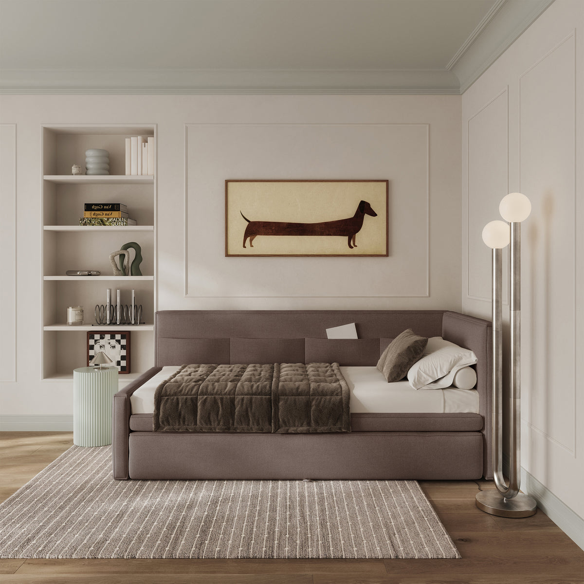Lit simple jeunesse 90x200 cm Nesmi droit avec matelas et coffre, tissu chenille marron clair facile à nettoyer