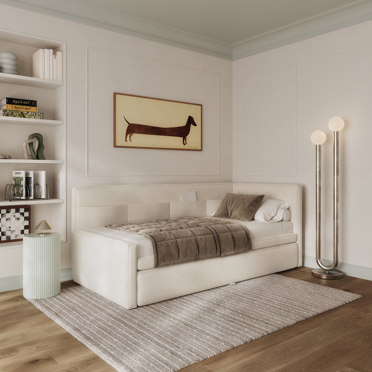 Jugendbett 90x200 cm Nesmi, ausziehbar, rechtsseitig, mit Matratzen, cremefarbener Chenille, pflegeleicht