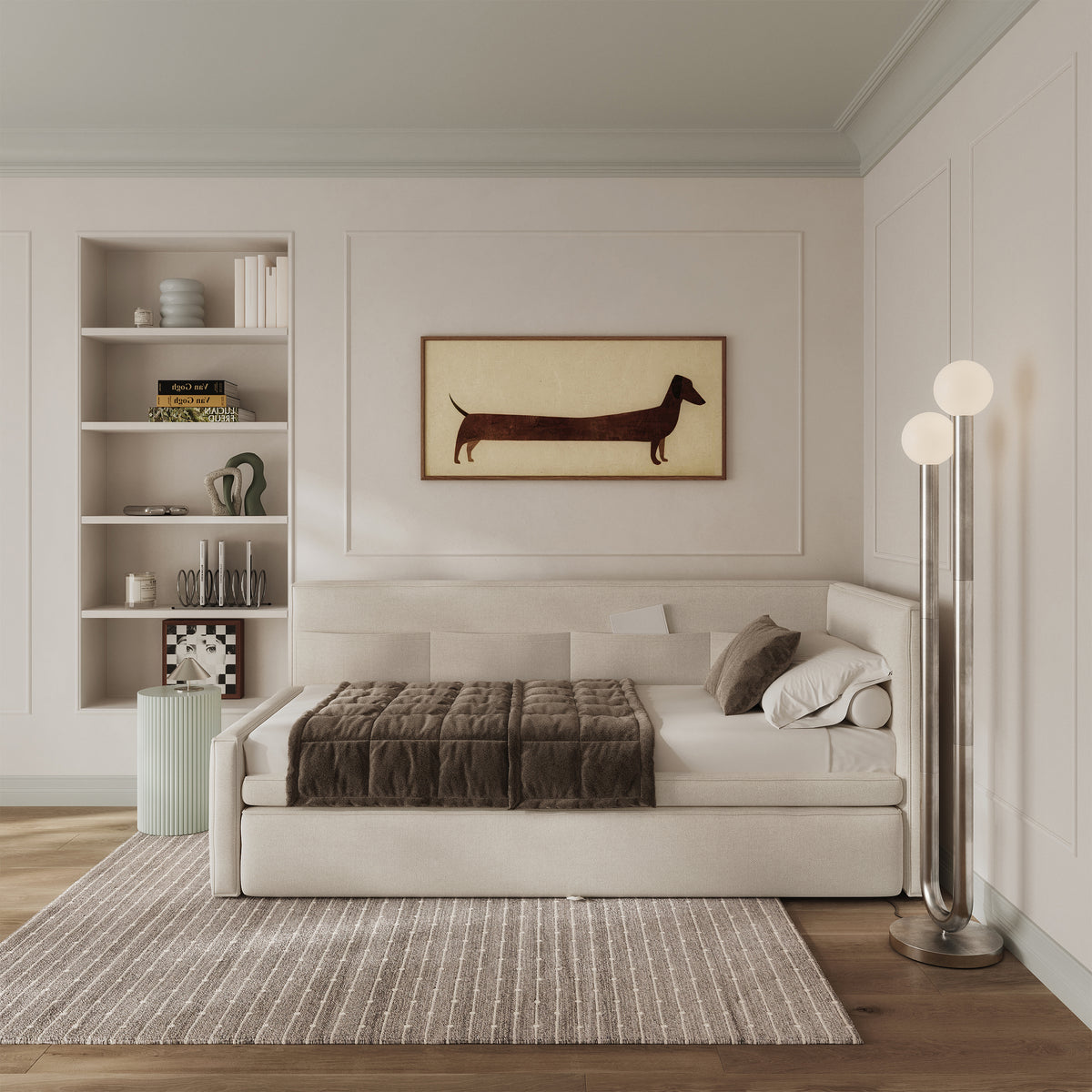 Lit d’enfant 90x200 cm Nesmi tiroir droit avec matelas, crème, chenille facile à nettoyer