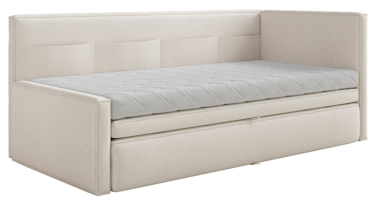 Lit d’enfant 90x200 cm Nesmi tiroir droit avec matelas, crème, chenille facile à nettoyer