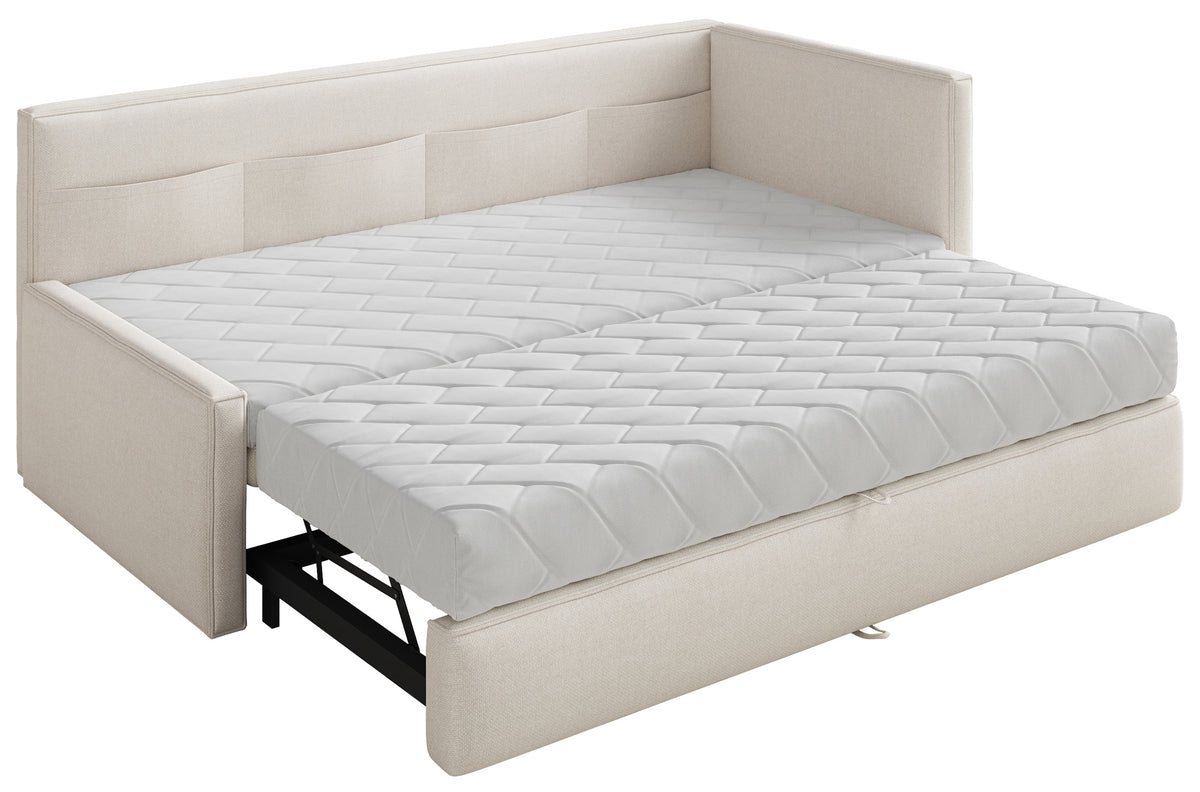 Lit d’enfant 90x200 cm Nesmi tiroir droit avec matelas, crème, chenille facile à nettoyer