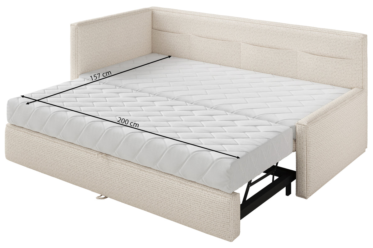 Jugendbett 90x200 cm Nesmi, rechts ausziehbar, mit Matratzen, hellbeige Flechtoptik