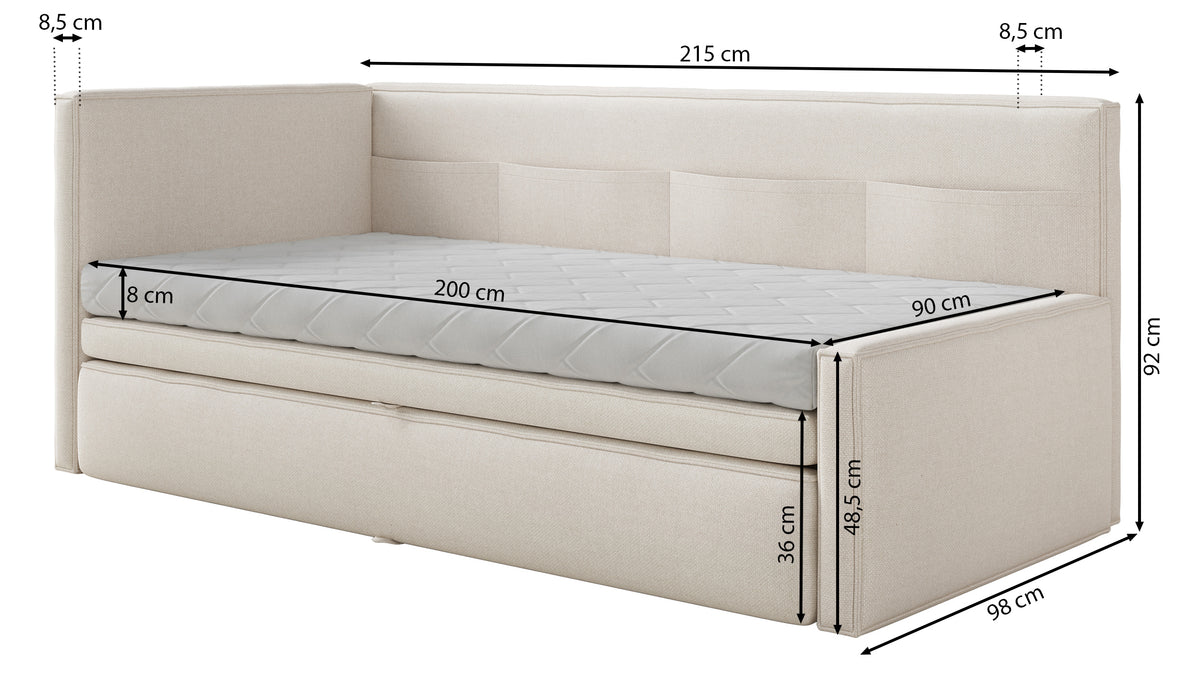 Lit d’enfant 90x200 cm Nesmi tiroir droit avec matelas, crème, chenille facile à nettoyer