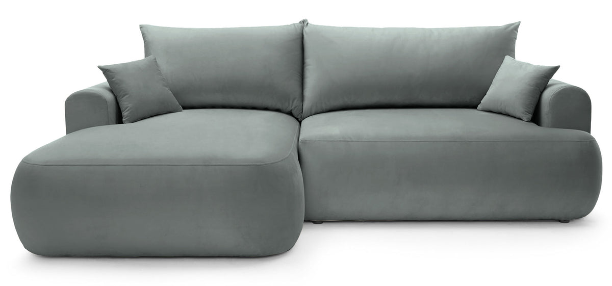 Canapé d'angle convertible Ovo en L, côté gauche, avec coffre de rangement, velours gris facile d'entretien