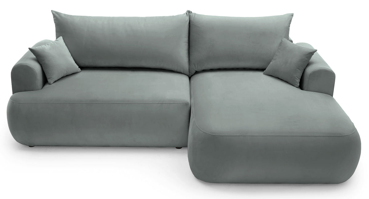 Canapé d'angle droit convertible Ovo en velours gris facile d'entretien avec rangement