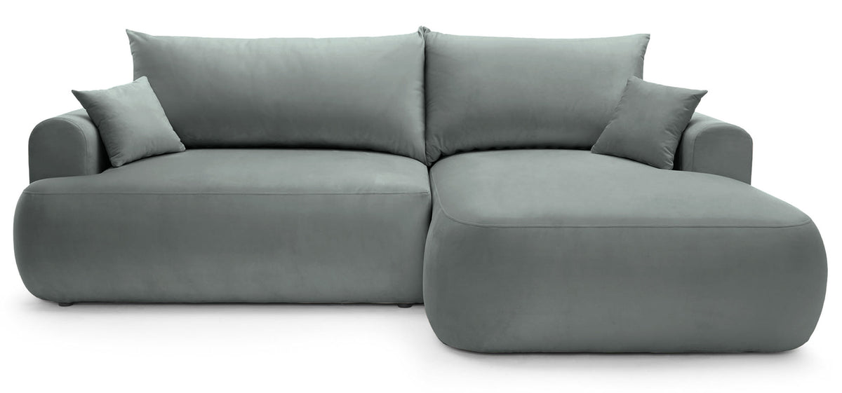 Canapé d'angle droit convertible Ovo en velours gris facile d'entretien avec rangement