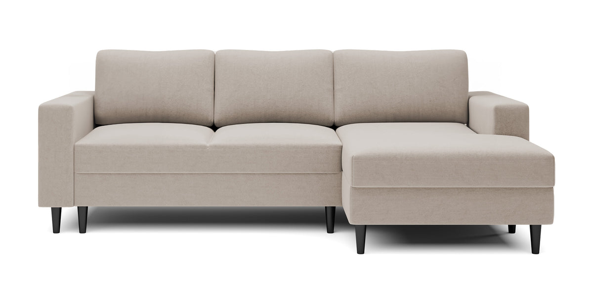 Canapé d'angle avec fonction couchage Nalika en L, avec coffre de rangement, velours hydrofuge beige, orientation droite