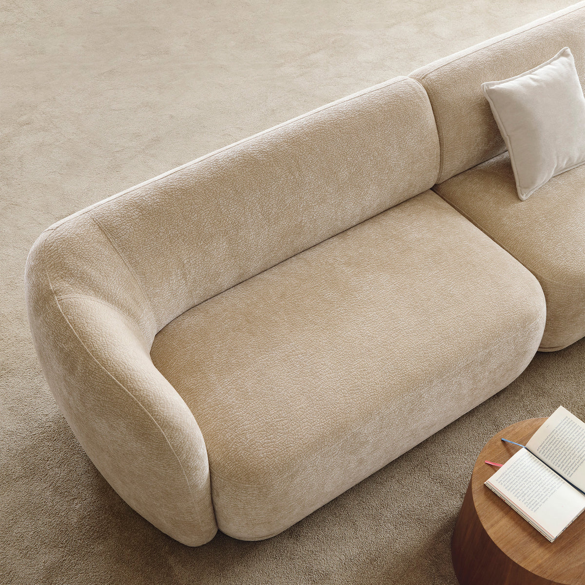 Modulare Eckcouch Bommo L-förmig mit Pouf, rechtsseitig, beige Chenille