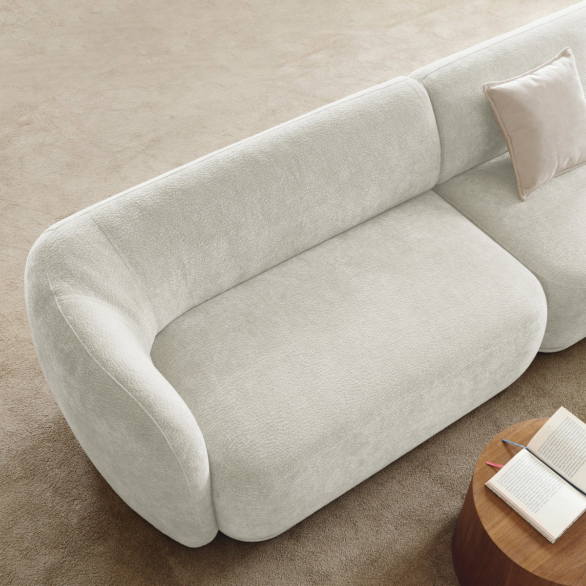 Canapé d'angle modulable Bommo en L, version droite, tissu chenille crème