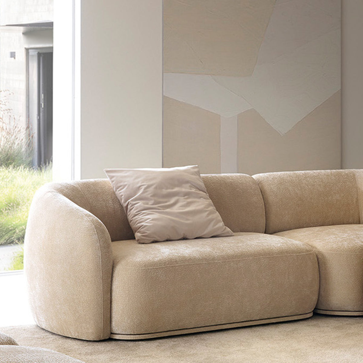 Modulare Eckcouch Bommo L-förmig mit Pouf, rechtsseitig, beige Chenille