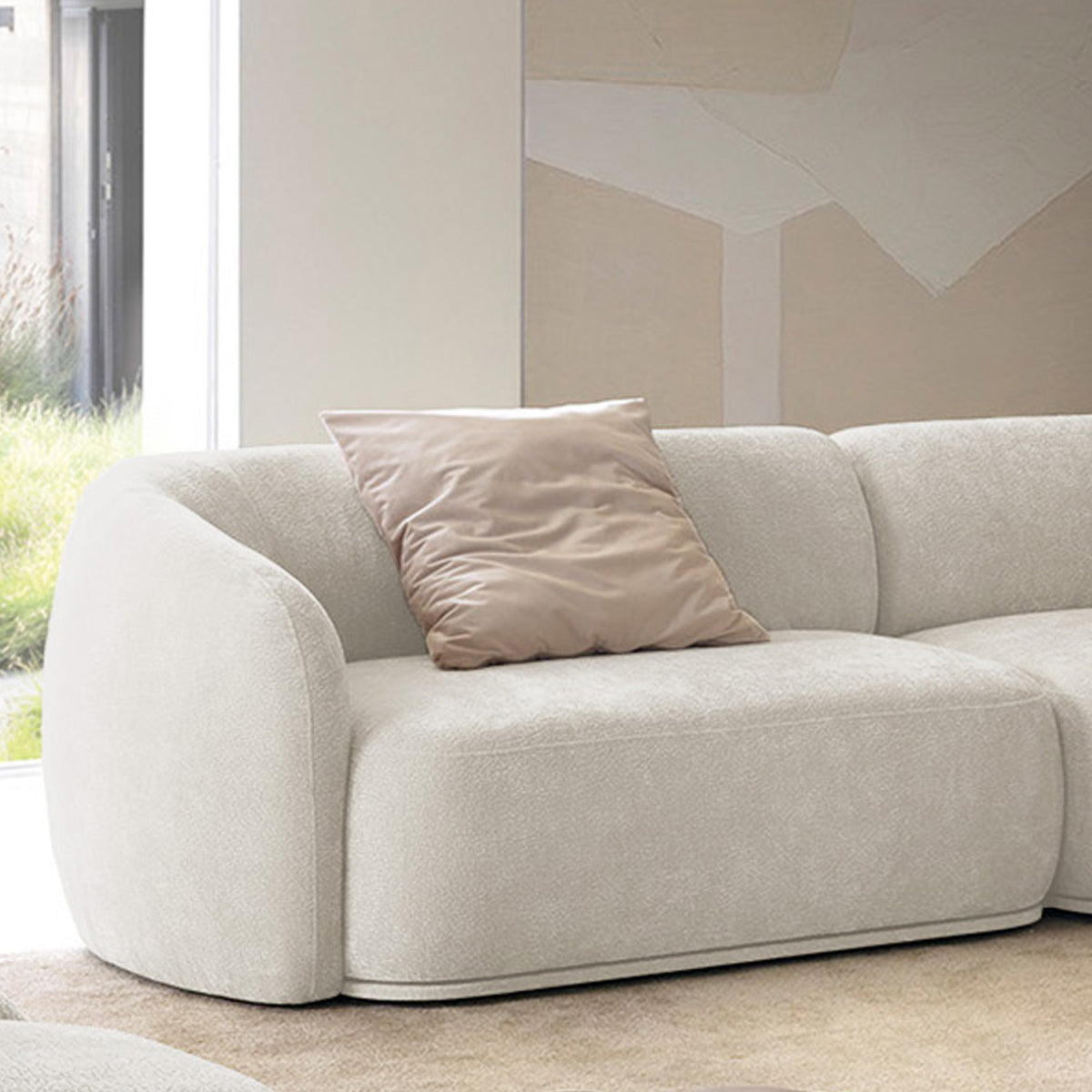 Canapé d'angle modulable Bommo en L, version droite, tissu chenille crème
