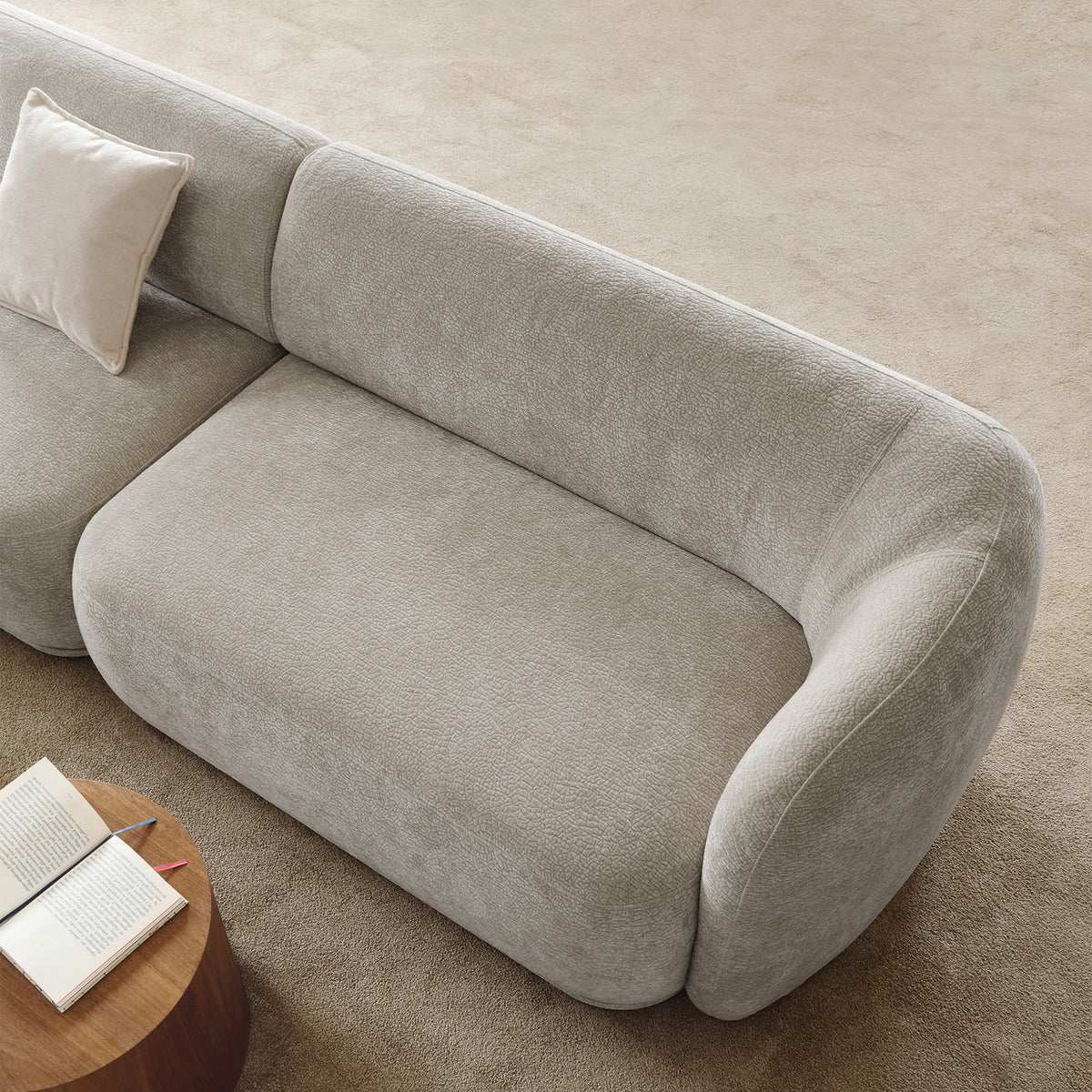 Modulare Eckcouch Bommo in L-Form mit Hocker, linksseitig, grau-beige Chenille