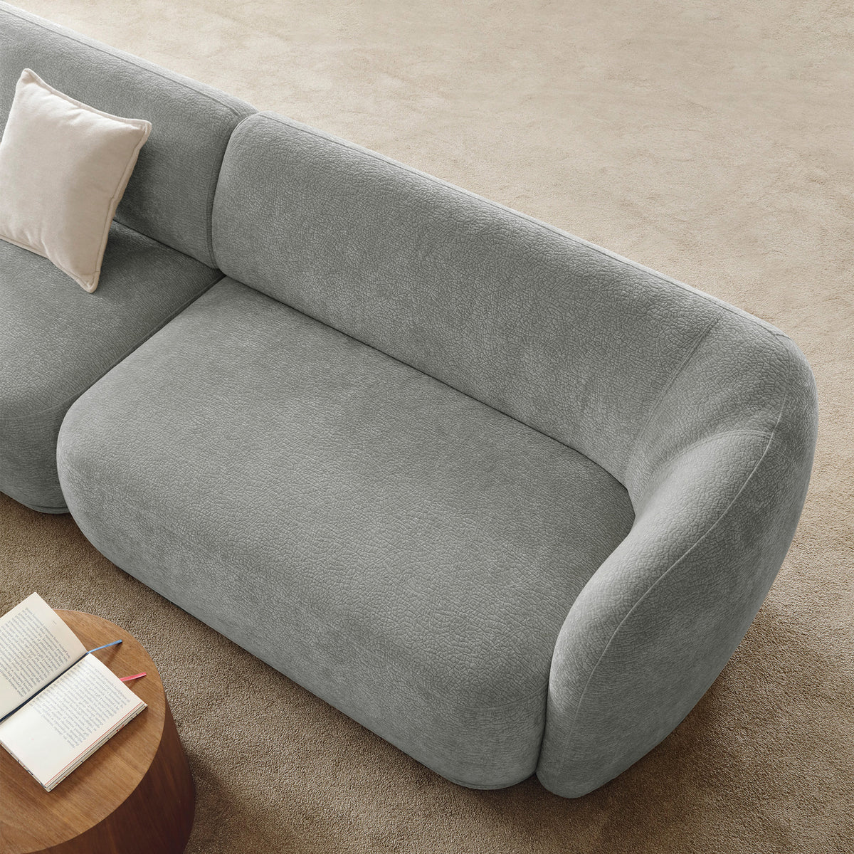 Canapé d'angle modulable Bommo en L avec pouf, côté gauche, tissu chenille gris