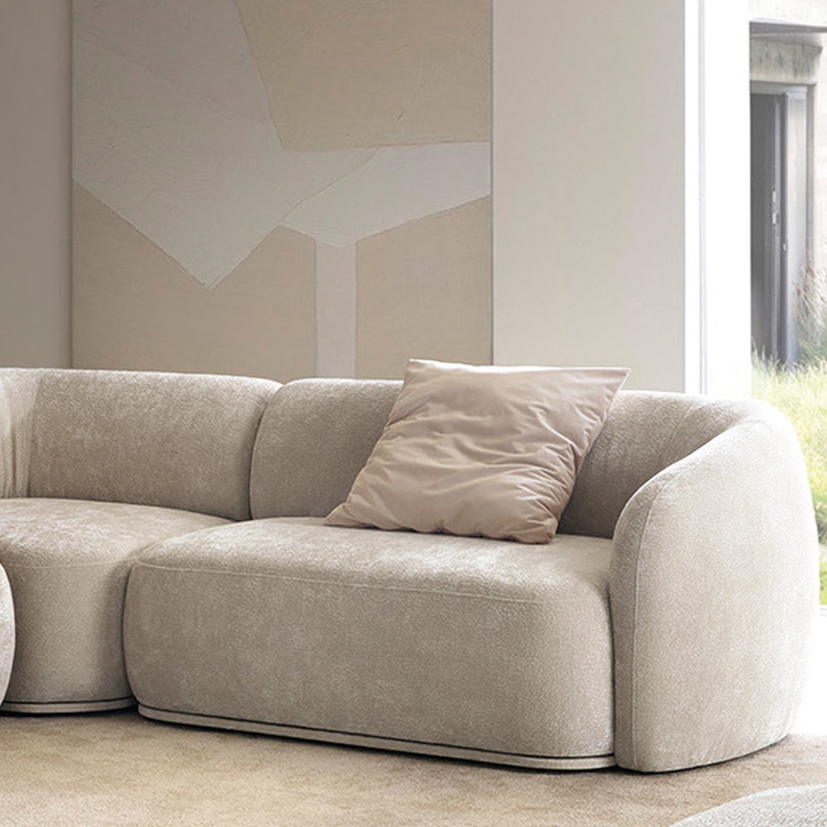 Modulare Eckcouch Bommo in L-Form mit Hocker, linksseitig, grau-beige Chenille