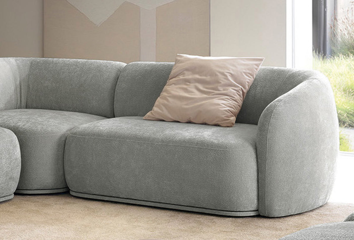 Canapé d'angle modulable Bommo en L avec pouf, côté gauche, tissu chenille gris