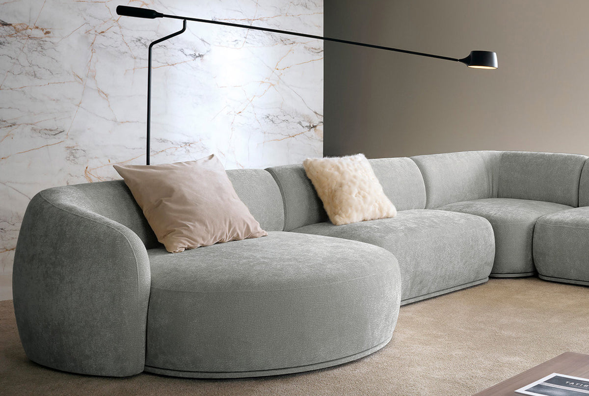 Canapé d'angle modulable Bommo en L avec pouf, côté gauche, tissu chenille gris
