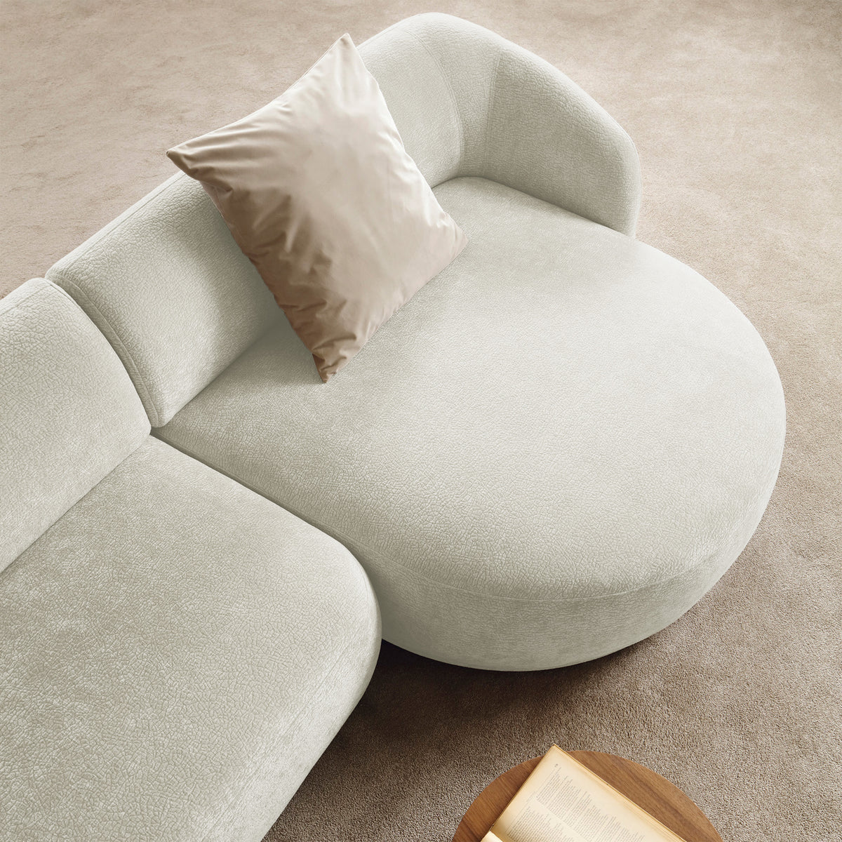 Canapé d'angle modulable Bommo en L, version droite, tissu chenille crème