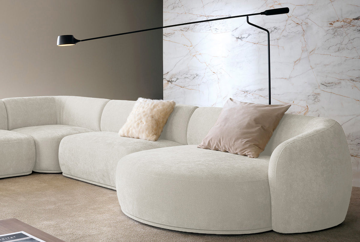 Canapé d'angle modulable Bommo en L, version droite, tissu chenille crème