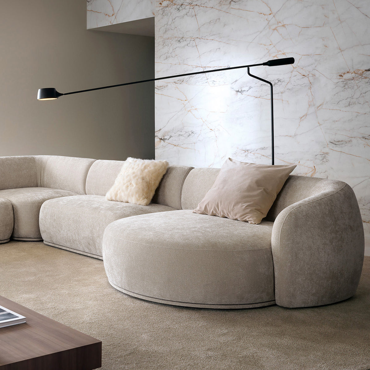 Canapé d'angle modulaire Bommo en L, droit, en chenille gris-beige