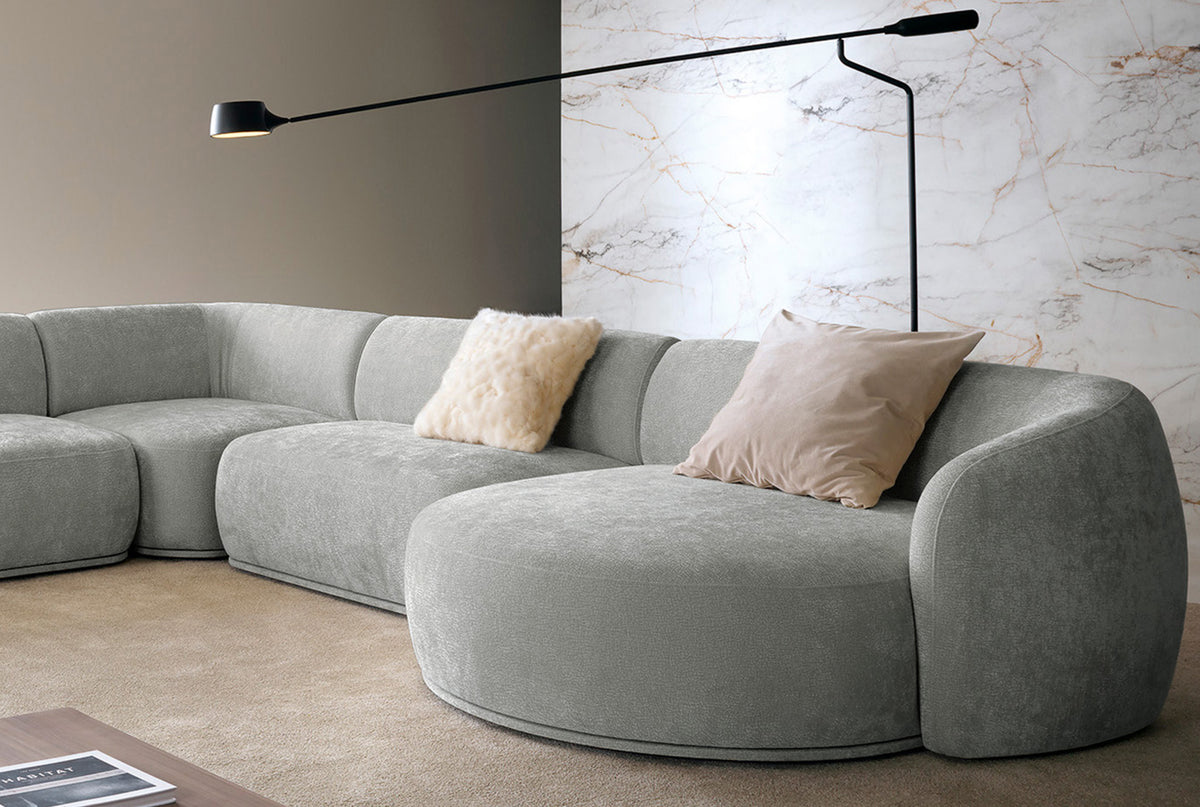 Canapé d'angle modulable Bommo en L avec pouf, gris chiné, côté droit