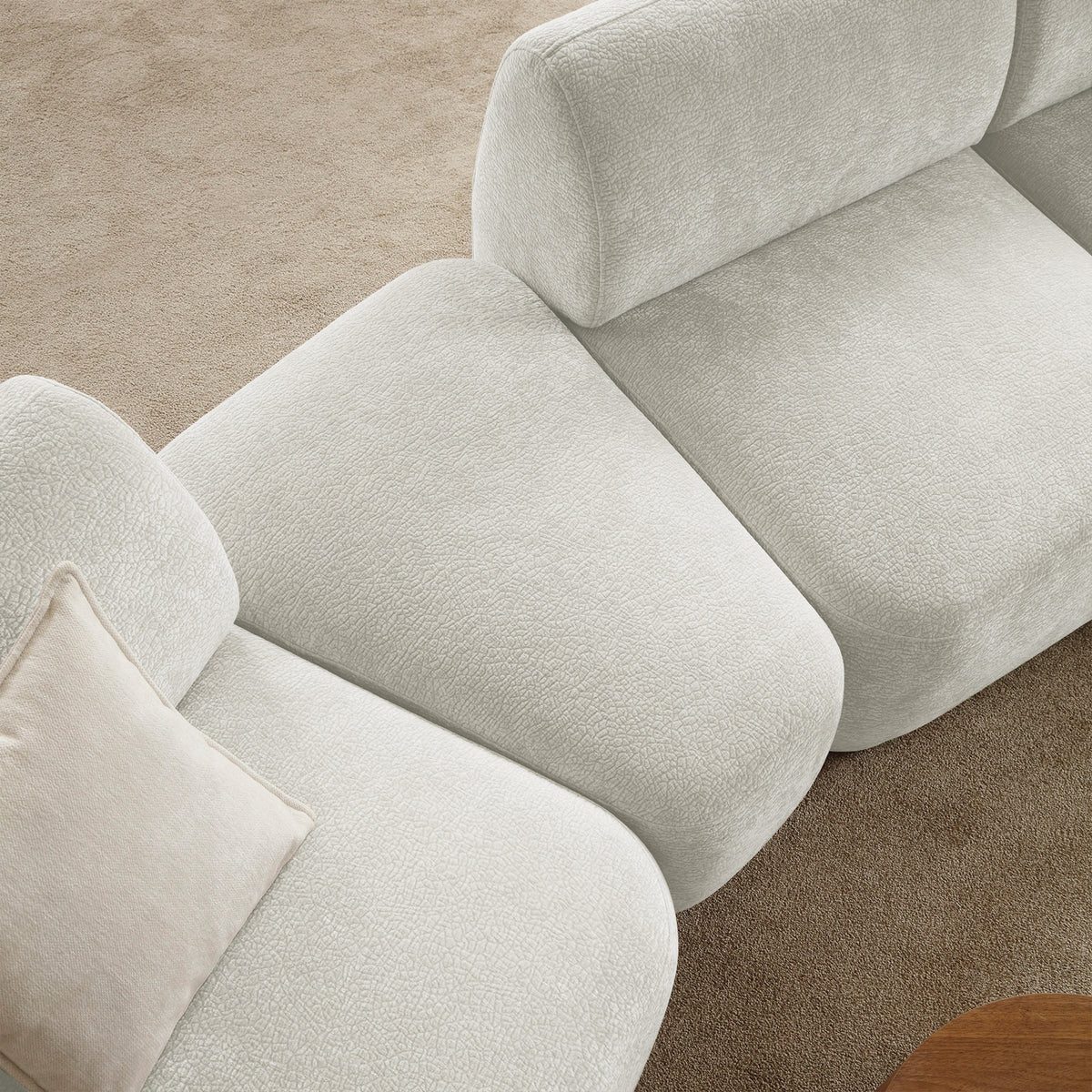 Canapé d’angle modulaire Bommo en L avec pouf, côté gauche, velours chenille crème