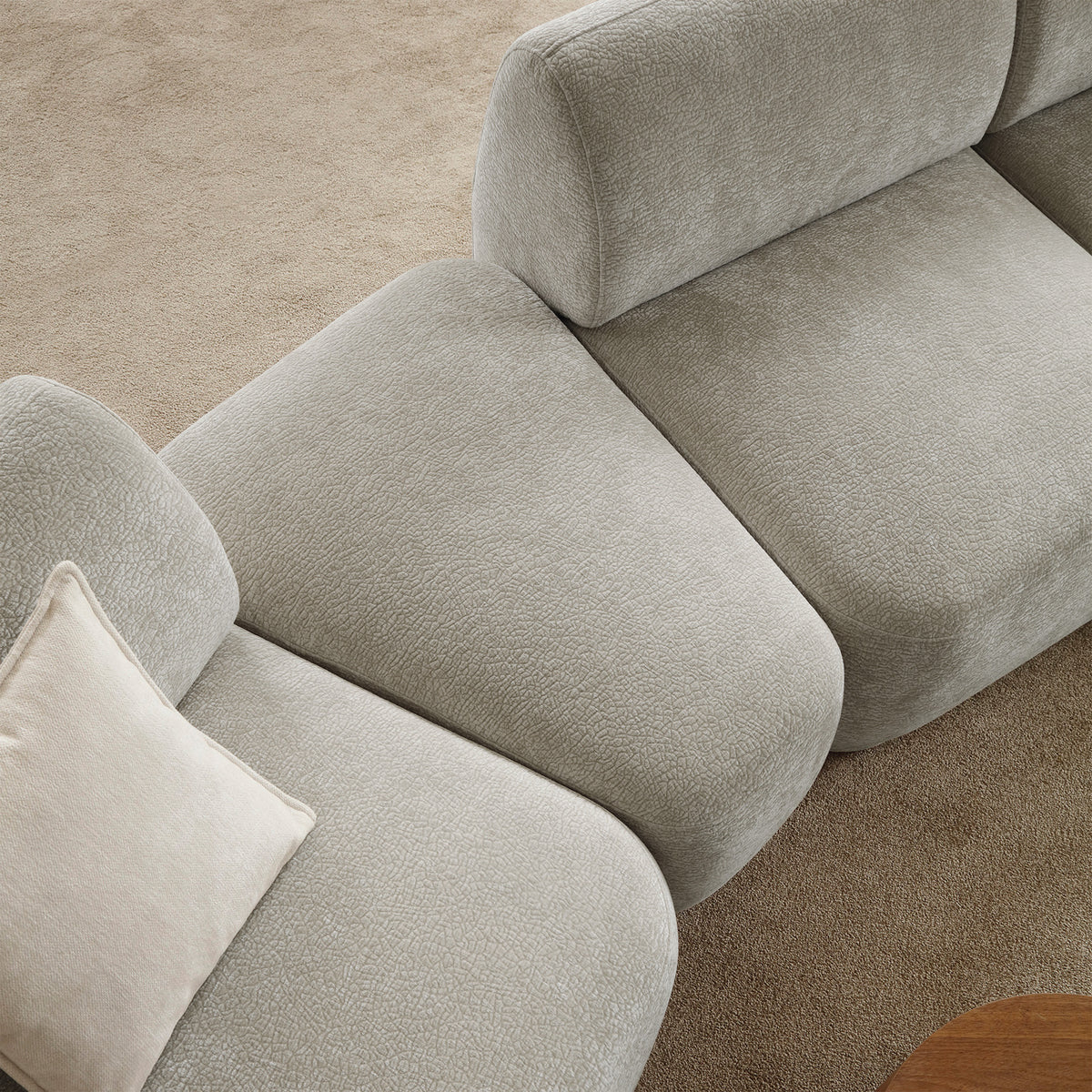 Canapé d'angle modulable Bommo en L avec pouf, droit, en chenille gris-beige