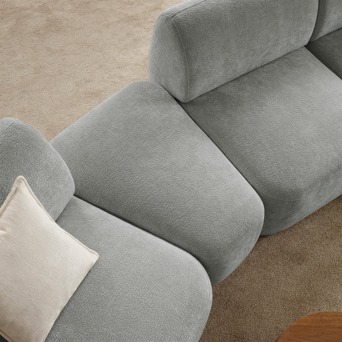 Canapé d'angle modulable Bommo en L avec pouf, côté gauche, tissu chenille gris