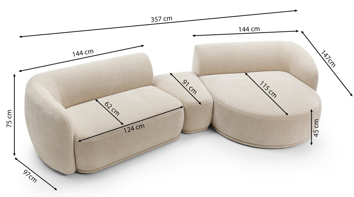 Canapé d'angle modulable Bommo en L avec pouf, droit, en chenille gris-beige