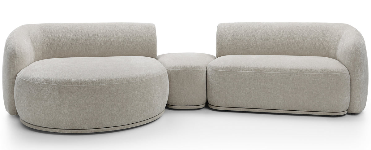 Canapé d'angle modulaire Bommo en L avec pouf, côté gauche, en tissu chenille gris-beige