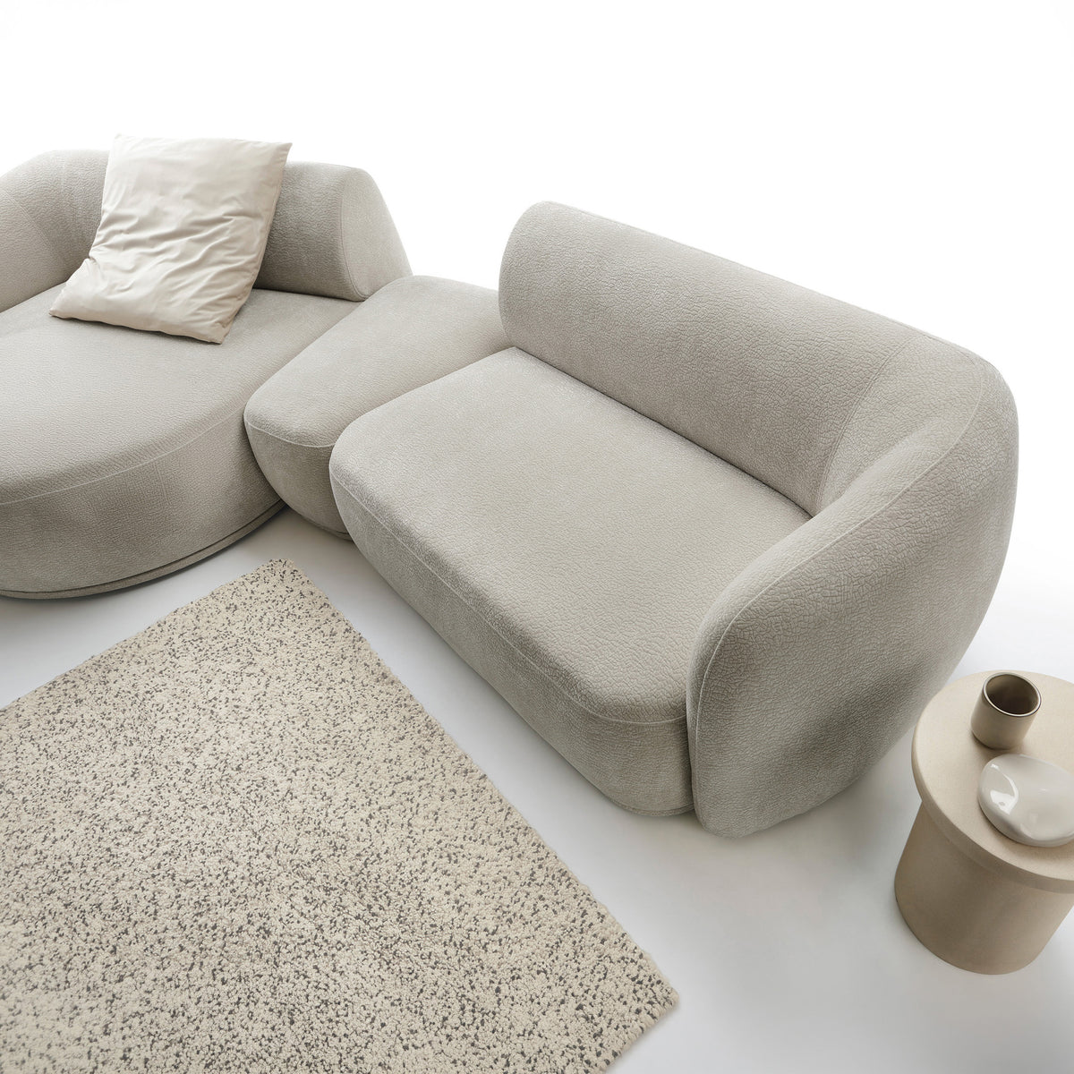 Canapé d'angle modulaire Bommo en L avec pouf, côté gauche, en tissu chenille gris-beige