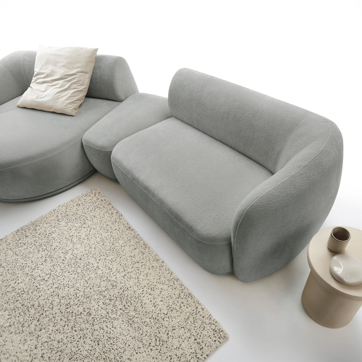 Canapé d'angle modulable Bommo en L avec pouf, côté gauche, tissu chenille gris