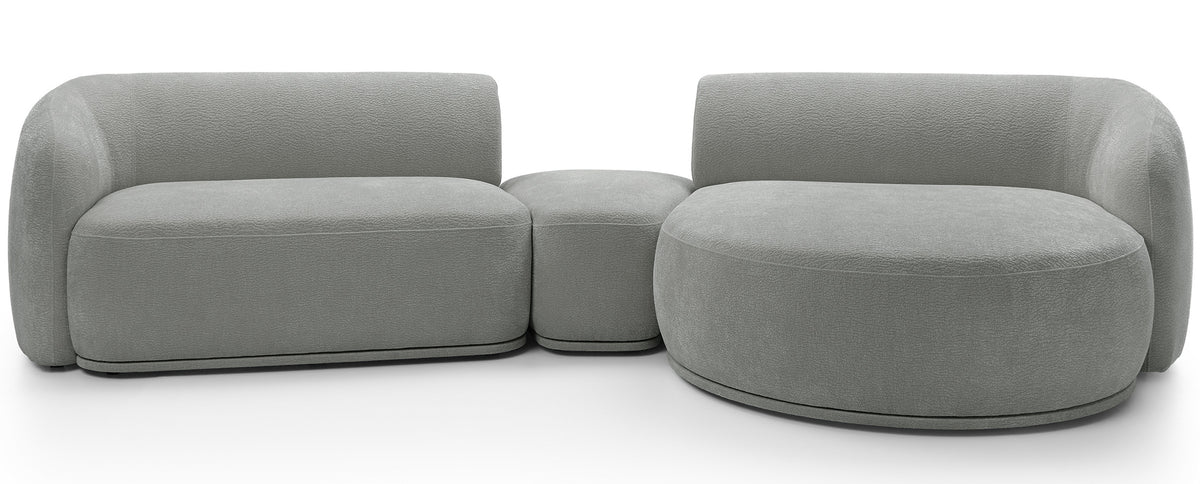 Modulares Ecksofa Bommo L-förmig mit Pouf, rechtsseitig, grauer Chenille-Stoff