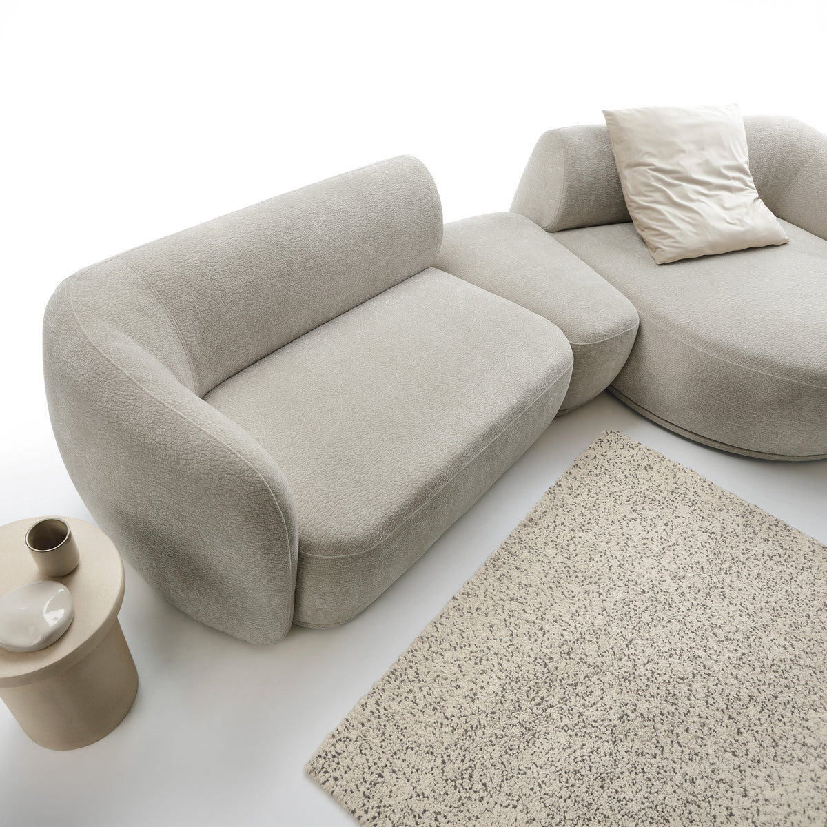 Canapé d'angle modulable Bommo en L avec pouf, droit, en chenille gris-beige