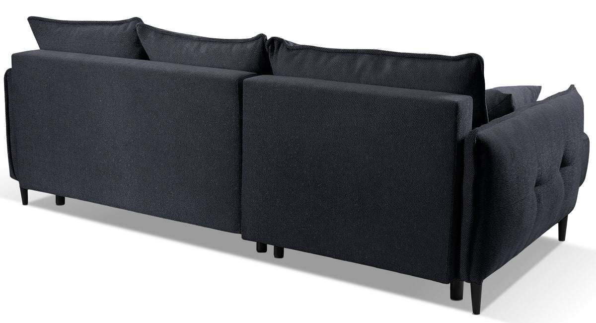 Ecksofa mit Schlaffunktion Oblivio Mini, L-förmig, linksseitig, mit Stauraum, marineblaue Flechtoptik