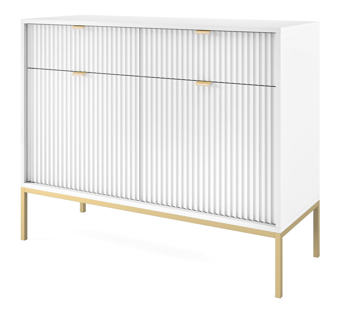 Commode 2 portes Vellore 104 cm blanche avec façades rainurées et structure dorée
