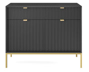 Commode 2 portes Vellore 104 cm noire avec façades rainurées et structure dorée