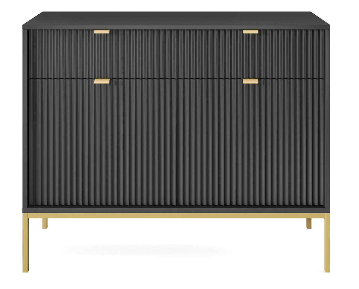 Commode 2 portes Vellore 104 cm noire avec façades rainurées et structure dorée
