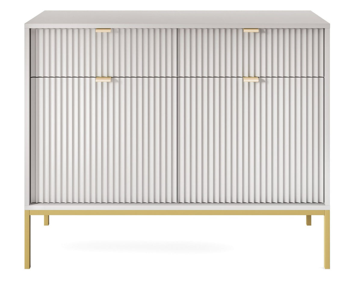 Commode 2 portes Vellore 104 cm grise avec façades rainurées et structure dorée